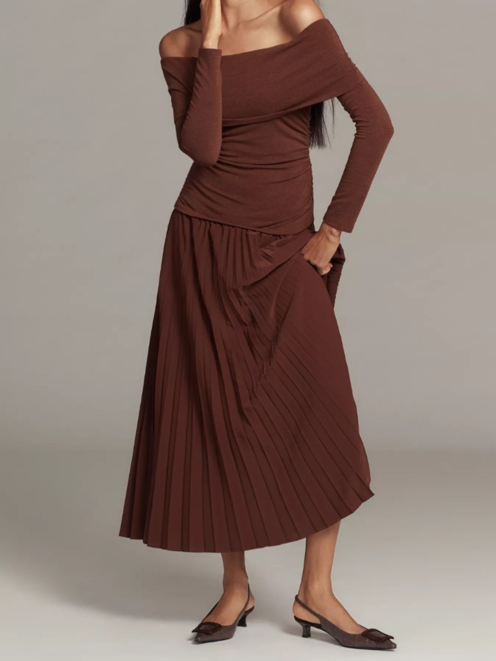 Anthropologie ASTR The Label Tanaia Off-Shoulder Drop-Waist Maxi Dress (Q1-66E)